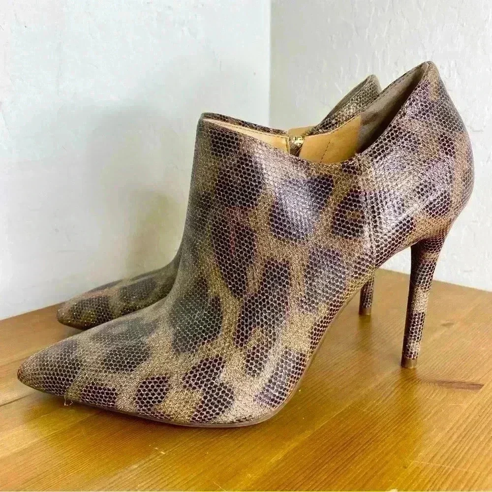 Jessica Simpson New Luela Bronze Leopard Shimmer Pointed Toe Stiletto Bootie 9M